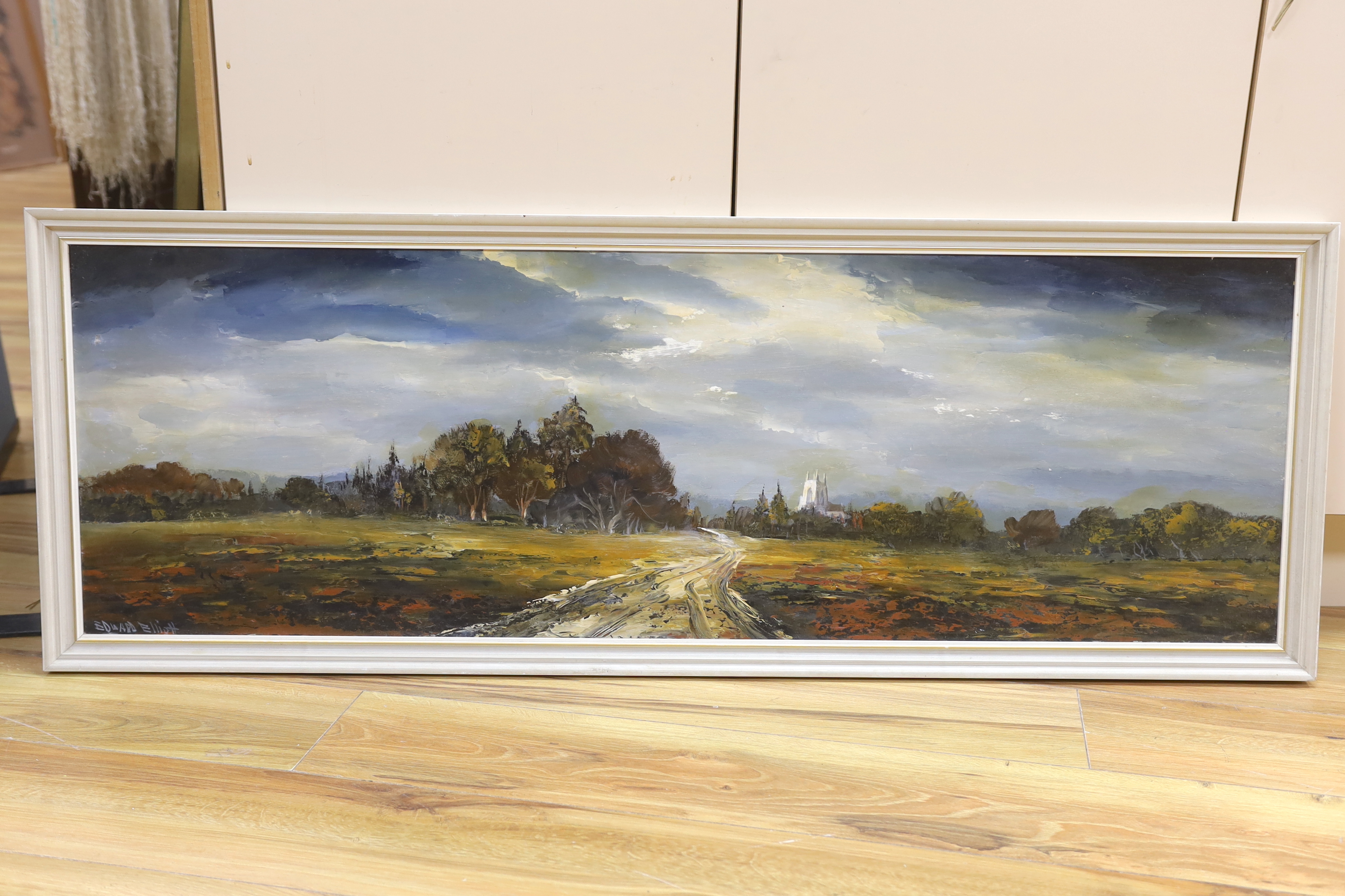 Edward Elliott (20th. C), Impressionist oil on board, Panoramic landscape, signed, 39 x 120cm